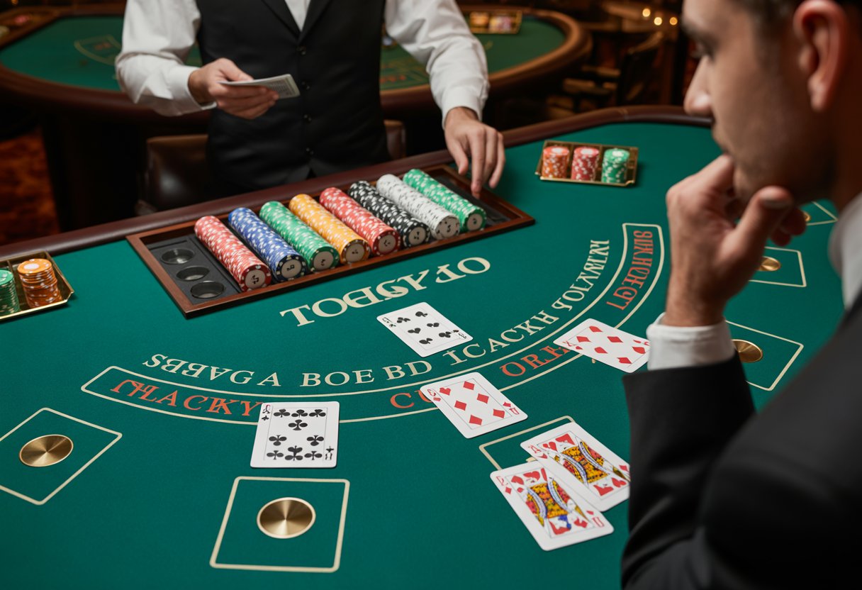 A person at a blackjack table in a casino, studying cards and chips with a dealer in the background.