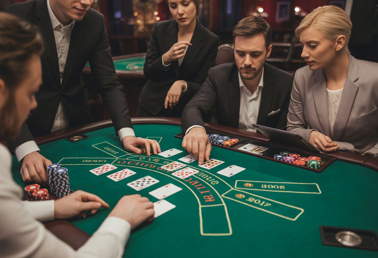 A group of adults around a casino table studying playing cards and chips during a blackjack strategy session.