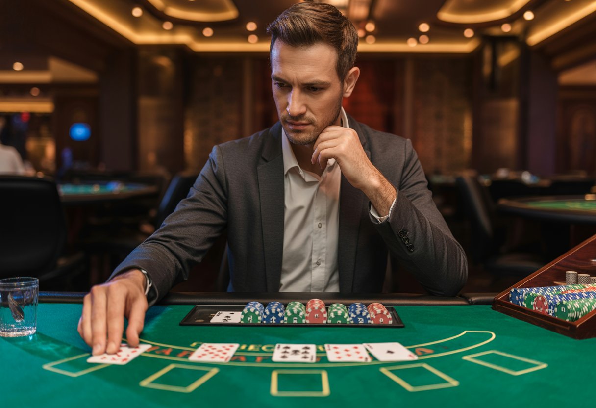 A man studying playing cards and poker chips at a blackjack table in a casino.
