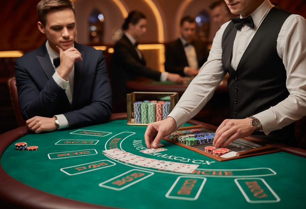 A player and dealer at a blackjack table in a casino, with cards and chips arranged for a game.